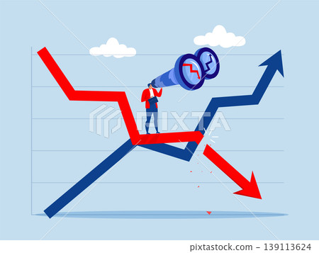 Businessman look on telescope falling down red arrow graph in the future. investor,Stock market forecast downfall, vision to see future economic crisis vector Businessman look on telescope falling down red arrow graph in the future. investor,Stock market forecast downfall, vision to see future economic crisis vector 139113624