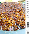 Close up view of wet shredded organic mulch soaking in a pool of dark liquid 139113636