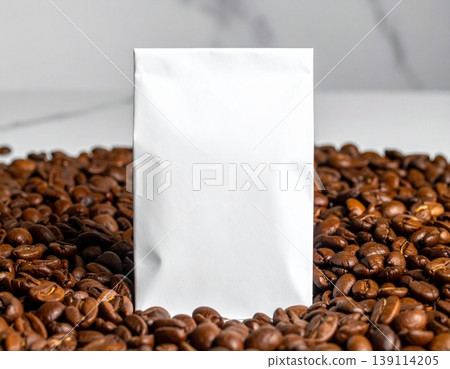 Roasted coffee beans with coffee package mockup Roasted coffee beans with coffee package mockup 139114205