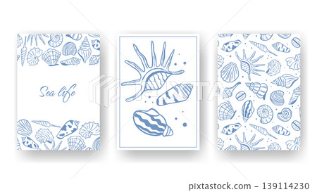 Set of templates with hand-drawn shells and mollusks Set of templates with hand-drawn shells and mollusks 139114230