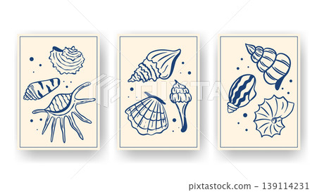 Posters with hand-drawn shells and mollusks in Mediterranean style Posters with hand-drawn shells and mollusks in Mediterranean style 139114231