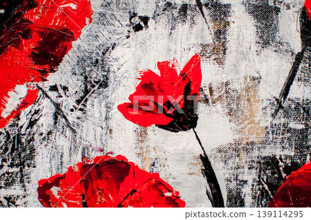 artistic black background with white and red paint spots in the form of flowers artistic black background with white and red paint spots in the form of flowers 139114295