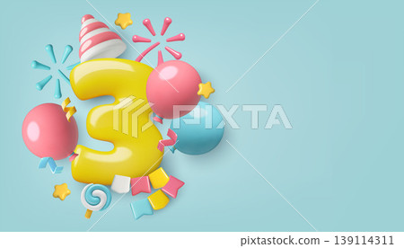 Birthday background for 3 years with cute 3D realistic inflated number balloons party hat and fireworks Birthday background for 3 years with cute 3D realistic inflated number balloons party hat and fireworks 139114311