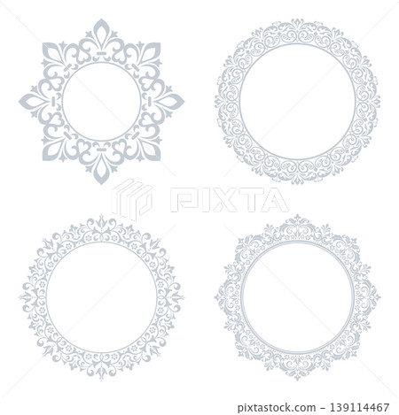 Set of decorative frames Elegant vector element for design in Eastern style, place for text. Floral gray and white frames. Lace illustration for invitations and greeting cards Set of decorative frames Elegant vector element for design in Eastern style, place for text. Floral gray and white frames. Lace illustration for invitations and greeting cards 139114467