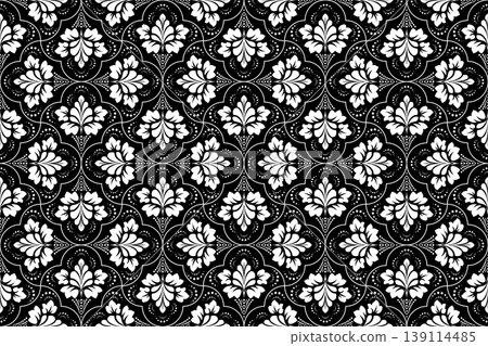 Flower geometric pattern. Seamless vector background. White and black ornament. Ornament for fabric, wallpaper, packaging. Decorative print. Flower geometric pattern. Seamless vector background. White and black ornament. Ornament for fabric, wallpaper, packaging. Decorative print. 139114485