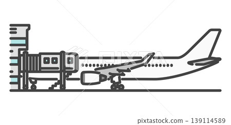 A simple illustration of a passenger boarding a long-haul international flight, featuring a white aircraft and a passenger boarding bridge. A simple illustration of a passenger boarding a long-haul international flight, featuring a white aircraft and a passenger boarding bridge. 139114589