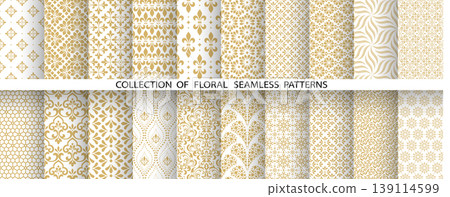 Geometric floral set of seamless patterns. White and golden vector backgrounds. Damask graphic ornaments Geometric floral set of seamless patterns. White and golden vector backgrounds. Damask graphic ornaments 139114599