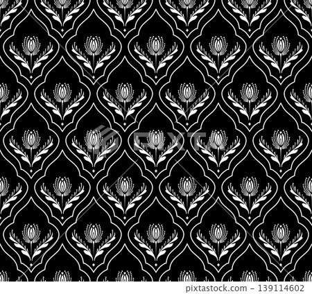 Wallpaper in the style of Baroque. White and black floral ornament. Seamless vector background. Graphic pattern for fabric, wallpaper, packaging. Ornate Damask flower illustration. Wallpaper in the style of Baroque. White and black floral ornament. Seamless vector background. Graphic pattern for fabric, wallpaper, packaging. Ornate Damask flower illustration. 139114602