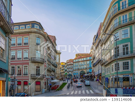 Narrow cobblestone alleys and colorful historical buildings in Porto's old town, Portugal Narrow cobblestone alleys and colorful historical buildings in Porto's old town, Portugal 139114606