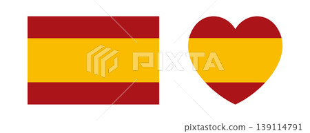 Spain flag heart shaped, rectangle icon, sticker. Spain civil flag, ensign. Set of flag of Spain rectangular, heart badge, button, banner, background. 139114791