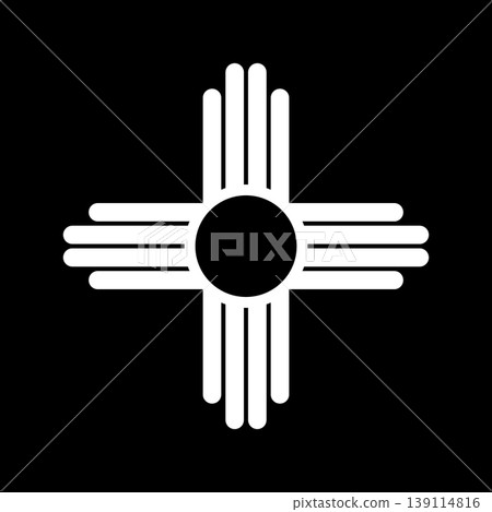 Zia white symbol isolated on black background. New Mexico state simple logo mockup. Ancient native Americans silhouette sign flat icon. Zia white symbol isolated on black background. New Mexico state simple logo mockup. Ancient native Americans silhouette sign flat icon. 139114816