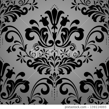 Wallpaper in the style of Baroque. Gray and black floral ornament. Seamless vector background. Graphic pattern for fabric, wallpaper, packaging. Ornate Damask flower illustration Wallpaper in the style of Baroque. Gray and black floral ornament. Seamless vector background. Graphic pattern for fabric, wallpaper, packaging. Ornate Damask flower illustration 139114893
