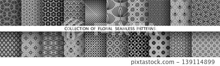 Geometric floral set of seamless patterns. Gray and black vector backgrounds. Damask graphic ornaments Geometric floral set of seamless patterns. Gray and black vector backgrounds. Damask graphic ornaments 139114899