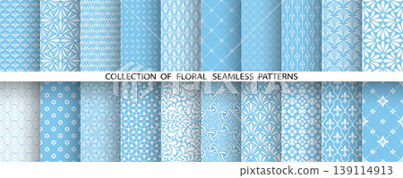 Geometric floral set of seamless patterns. White and blue vector backgrounds. Damask graphic ornaments 139114913