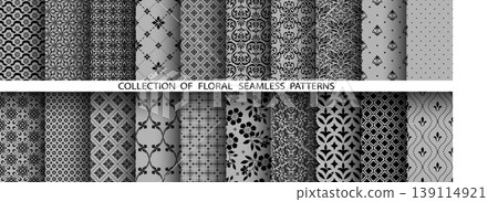 Geometric floral set of seamless patterns. Gray and black vector backgrounds. Damask graphic ornaments 139114921