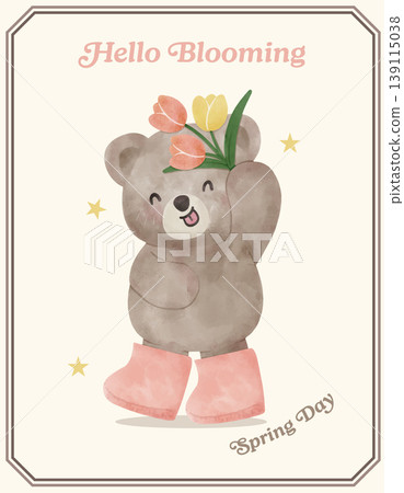Spring Bear Coquette Joyful with Tulip flowers bouquet and boots in Spring Garden Nature Theme illustration 139115038