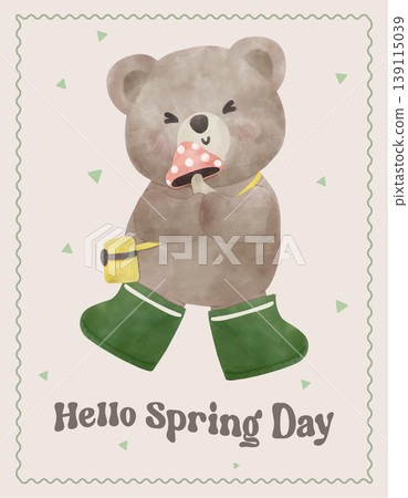 Spring Forager Bear Coquette Joyful holding Mushroom in Spring Garden Nature Theme illustration 139115039