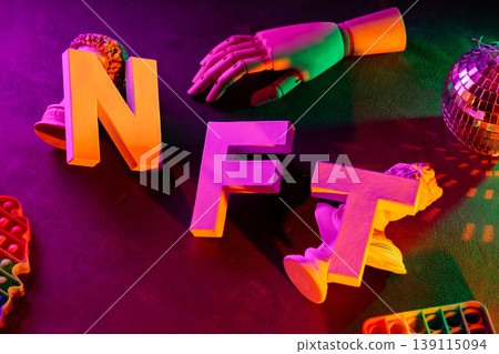 Colorful NFT letters with classical sculpture and disco ball in neon lighting concept 139115094