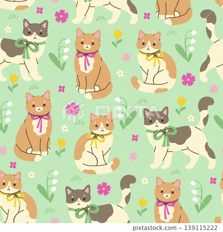Seamless pattern with cute cats wearing bows and flowers. Vector graphics. Seamless pattern with cute cats wearing bows and flowers. Vector graphics. 139115222