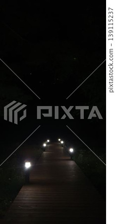 Phone photo of a wooden podium footpath with path lights at night. Minimal outdoor scene showing illuminated walkway, quiet atmosphere, and modern landscape design. Phone photo of a wooden podium footpath with path lights at night. Minimal outdoor scene showing illuminated walkway, quiet atmosphere, and modern landscape design. 139115237