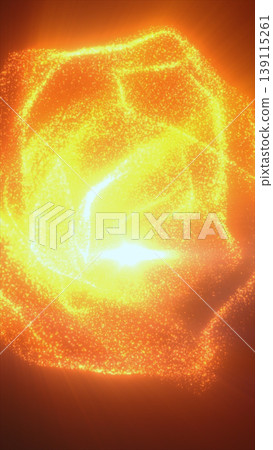 Abstract orange particle cube with glowing edges and radiant core, floating in a fiery atmospheric background Abstract orange particle cube with glowing edges and radiant core, floating in a fiery atmospheric background 139115261