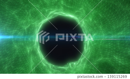 Green cyber portal with a blue light streak across a dark core, neon wireframe network and sci-fi technology backdrop 139115269