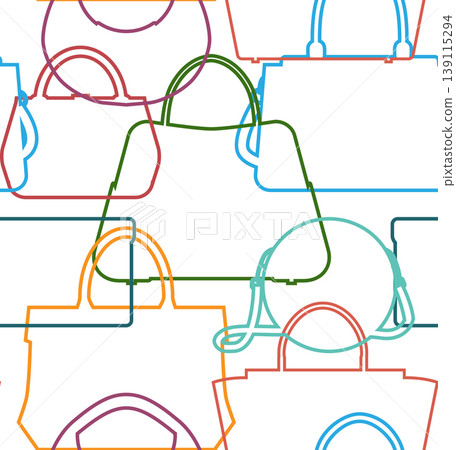 Vector seamless pattern with colorful contour silhouette of various bags. Fashionable texture with outline purses Vector seamless pattern with colorful contour silhouette of various bags. Fashionable texture with outline purses 139115294