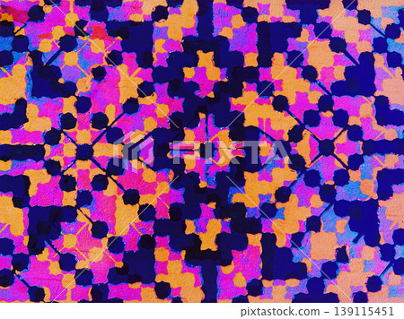 Vibrant abstract geometric pattern with ethnic motifs in pink, orange and navy blue. Symmetrical kaleidoscope ornament. Colorful background Vibrant abstract geometric pattern with ethnic motifs in pink, orange and navy blue. Symmetrical kaleidoscope ornament. Colorful background 139115451