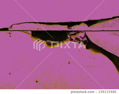 Close-up of vibrant pink peeling paint on a weathered industrial surface. Cracked texture reveals dark corrugated layers beneath. Grunge background. Close-up of vibrant pink peeling paint on a weathered industrial surface. Cracked texture reveals dark corrugated layers beneath. Grunge background. 139115480