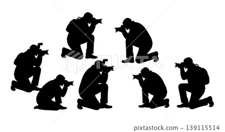 Black Solid Photographer Silhouettes Set of Six on White Background Black Solid Photographer Silhouettes Set of Six on White Background 139115514
