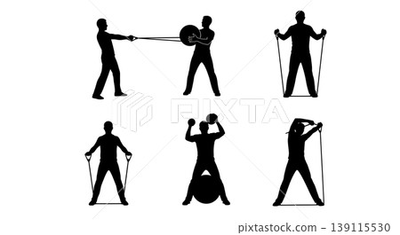Black Solid Rehab Equipment Silhouettes Set of Six on White Background Black Solid Rehab Equipment Silhouettes Set of Six on White Background 139115530