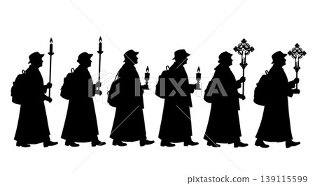Black Solid Pilgrimage Silhouettes Set of Six on White Background Black Solid Pilgrimage Silhouettes Set of Six on White Background 139115599