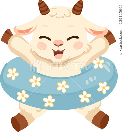 adorable cartoon goat wearing inflatable ring happy farm animal illustration for nursery art summer theme and playful design adorable cartoon goat wearing inflatable ring happy farm animal illustration for nursery art summer theme and playful design 139115693