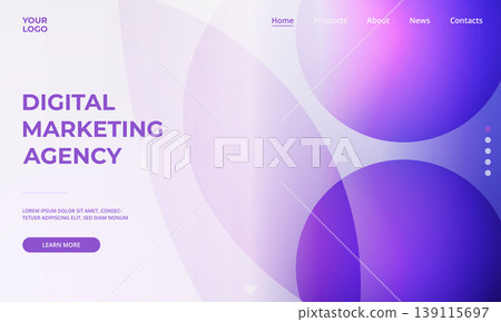 Digital marketing landing page template. Horizontal website screen. Purple abstract background with geometric circle shapes 139115697