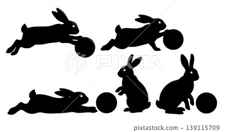 Black Solid Playing Bunny Silhouettes Set of Six on White Background Black Solid Playing Bunny Silhouettes Set of Six on White Background 139115709