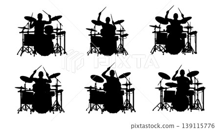 Black Solid Pop Drummer Silhouettes Set of Six on White Background 139115776