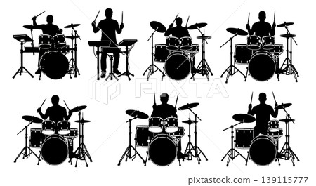 Black Solid Pop Drummer Silhouettes Set of Six on White Background 139115777