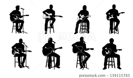 Black Solid Acoustic Pop Singer Silhouettes Set of Six on White Background 139115783