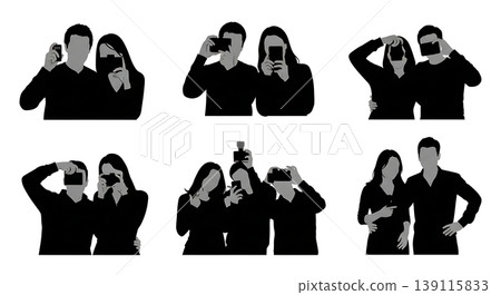 Black Solid Posing For Photos Silhouettes Set of Six on White Background 139115833