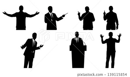 Black Solid Presentation Speakers Silhouettes Set of Six on White Background Black Solid Presentation Speakers Silhouettes Set of Six on White Background 139115854