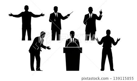 Black Solid Presentation Speakers Silhouettes Set of Six on White Background Black Solid Presentation Speakers Silhouettes Set of Six on White Background 139115855