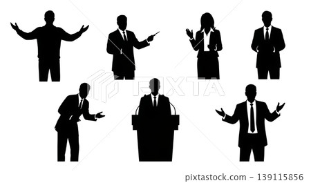 Black Solid Presentation Speakers Silhouettes Set of Six on White Background Black Solid Presentation Speakers Silhouettes Set of Six on White Background 139115856
