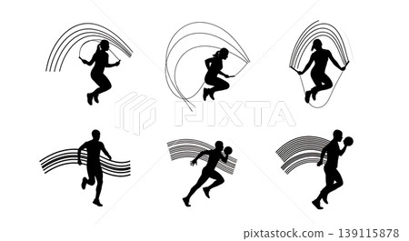 Black Solid Pro Skipping Rope Silhouettes Set of Six on White Background Black Solid Pro Skipping Rope Silhouettes Set of Six on White Background 139115878
