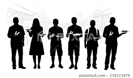 Black Solid Food Tourism Silhouettes Set of Six on White Background Black Solid Food Tourism Silhouettes Set of Six on White Background 139115979