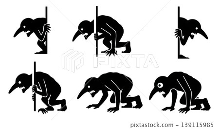 Black Solid Night Spying Troll Silhouettes Set of Six on White Background Black Solid Night Spying Troll Silhouettes Set of Six on White Background 139115985