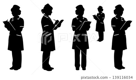 Black Solid Nurse Silhouettes Set of Six on White Background 139116034