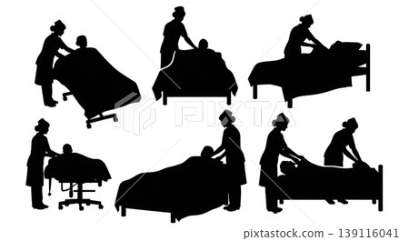 Black Solid Nursing Care Silhouettes Set of Six on White Background 139116041