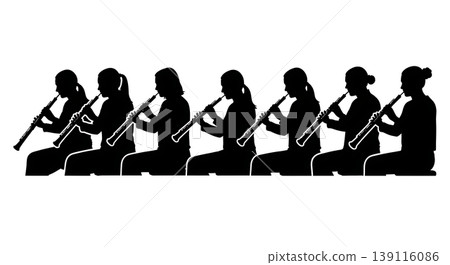Black Solid Oboist Silhouettes Set of Six on White Background 139116086