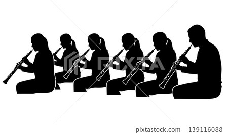 Black Solid Oboist Silhouettes Set of Six on White Background Black Solid Oboist Silhouettes Set of Six on White Background 139116088