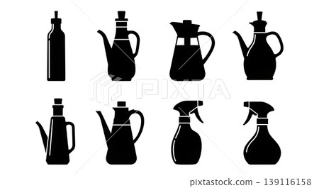 Black Solid Oil Cruet Silhouettes Set of Six on White Background 139116158